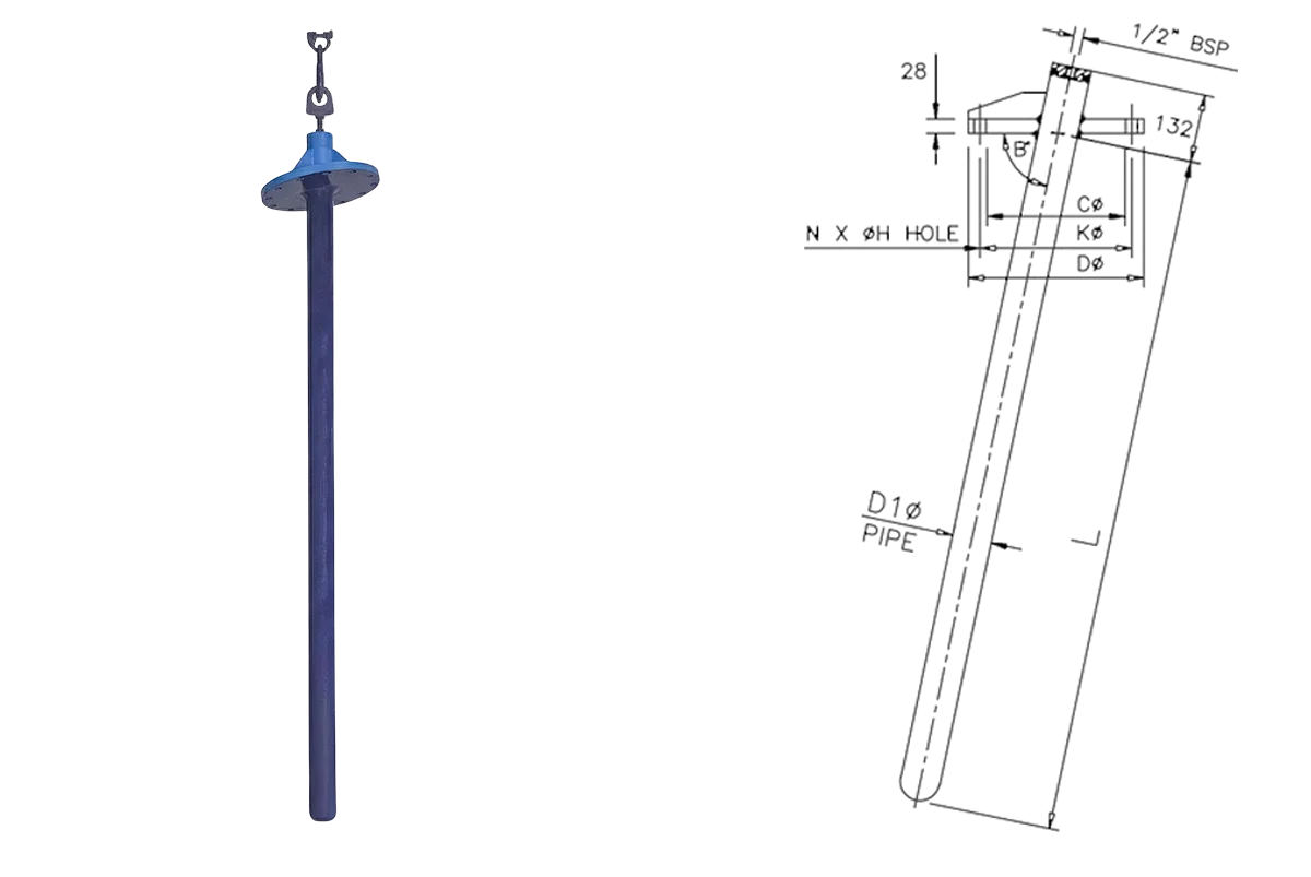 MS Glass Lined Straight Thermowell 2D Structure - Glasskem
