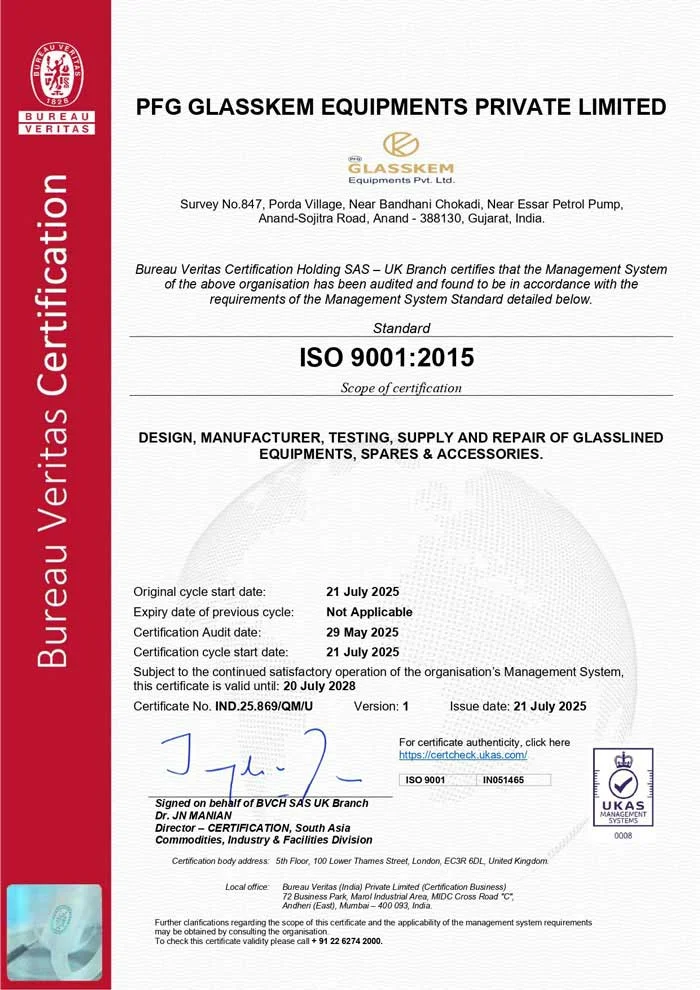 PFG Glasskem Equipment Private Limited Iso Certificate